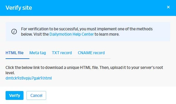 Xác thực tên miền với Dailymotion