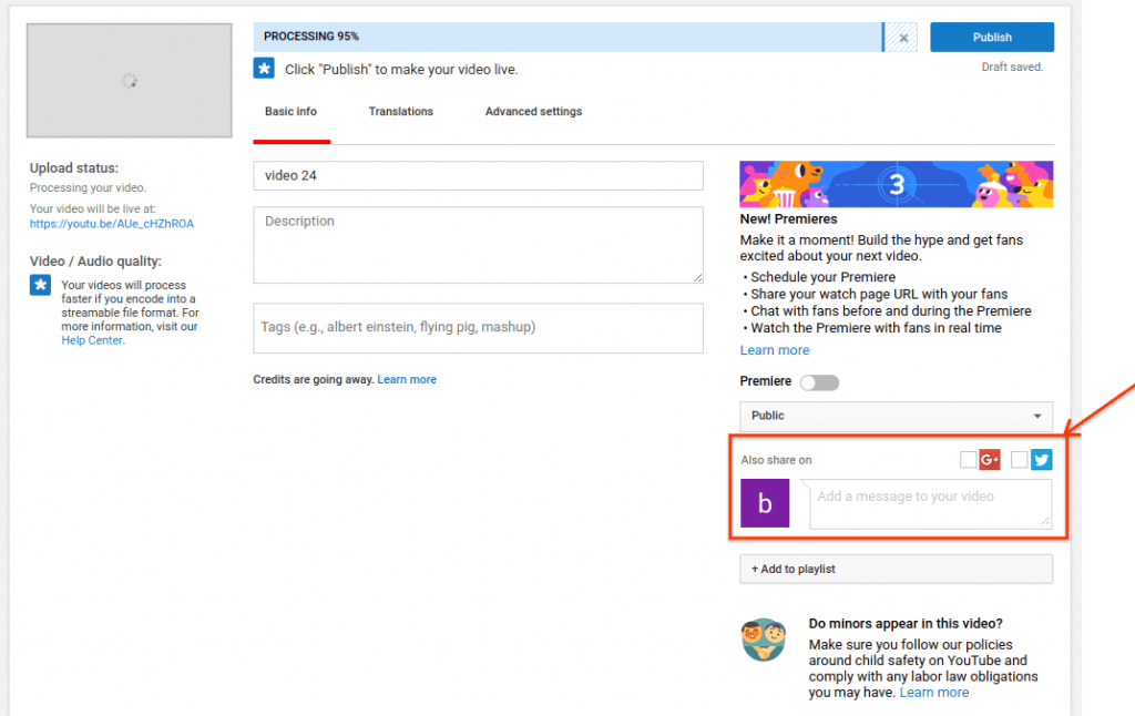 Automatic sharing to Twitter and Google+ via uploads or Creator Studio